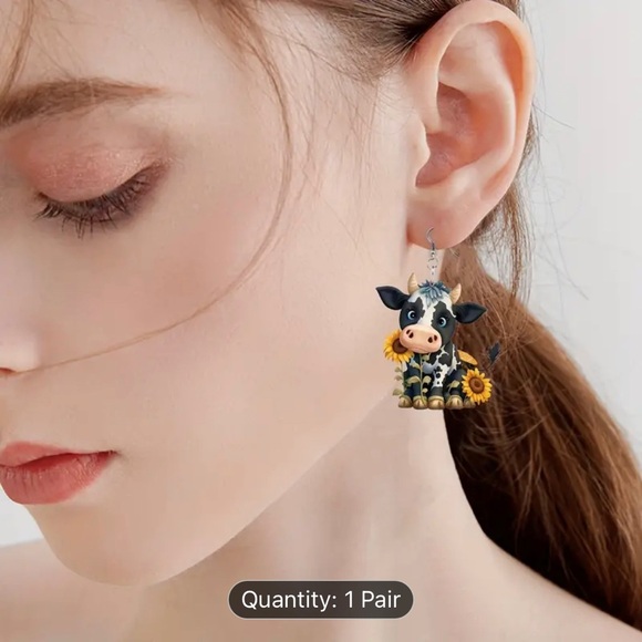 Cow and Sunflower Arylic Dangle Earrings - Picture 2 of 6